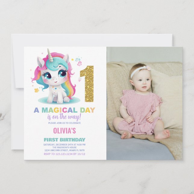 Foto på Unicorn Birthday Inbjudan första födelseda (Framsida)