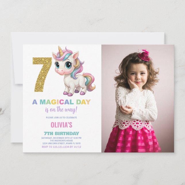 Foto på Unicorn Birthday Inbjudan i 7:e (Framsida)