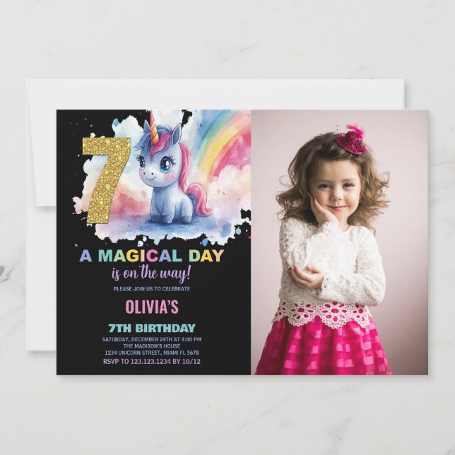 Foto på Unicorn Birthday Inbjudan i 7:e (Framsida)
