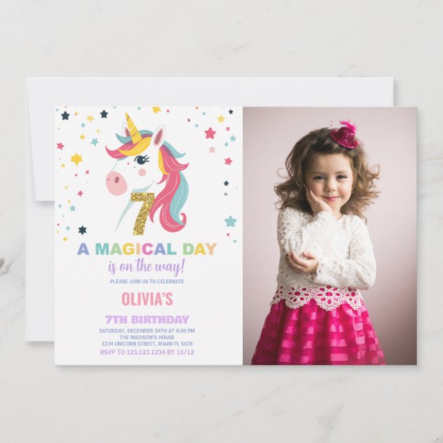 Foto på Unicorn Birthday Inbjudan i 7:e (Framsida)