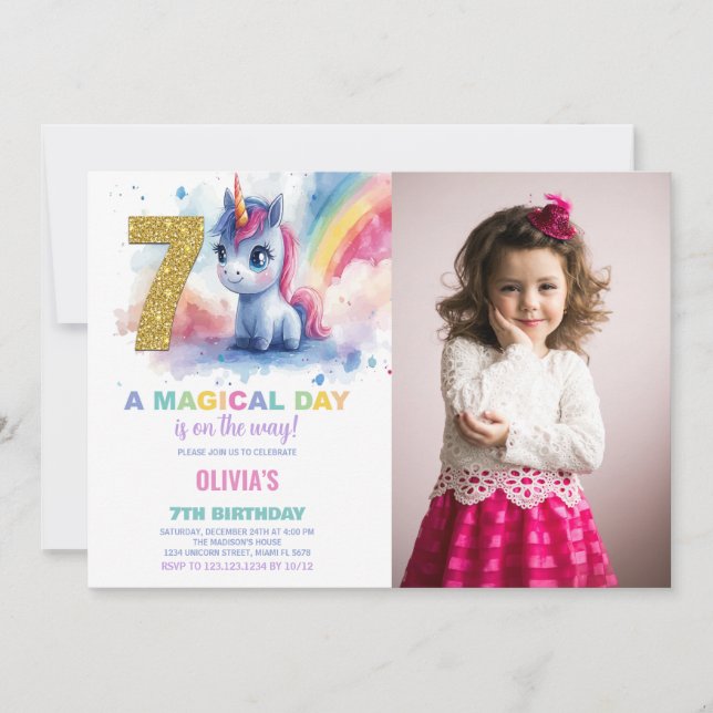 Foto på Unicorn Birthday Inbjudan i 7:e (Framsida)