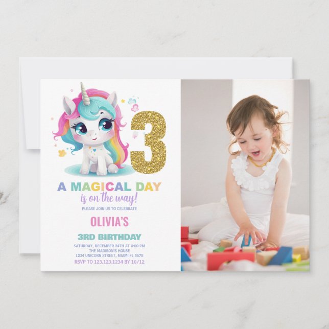 Foto på Unicorn Birthday Inbjudan på 3:e födelseda (Framsida)