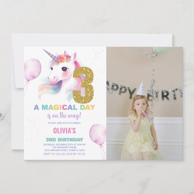Foto på Unicorn Birthday Inbjudan på 3:e födelseda (Framsida)