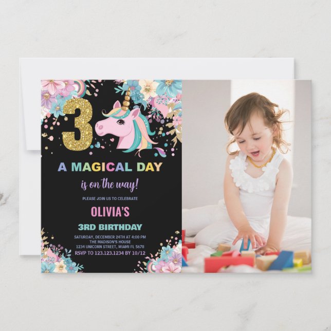 Foto på Unicorn Birthday Inbjudan på 3:e födelseda (Framsida)