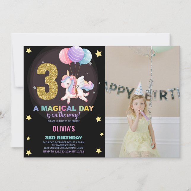 Foto på Unicorn Birthday Inbjudan på 3:e födelseda (Framsida)