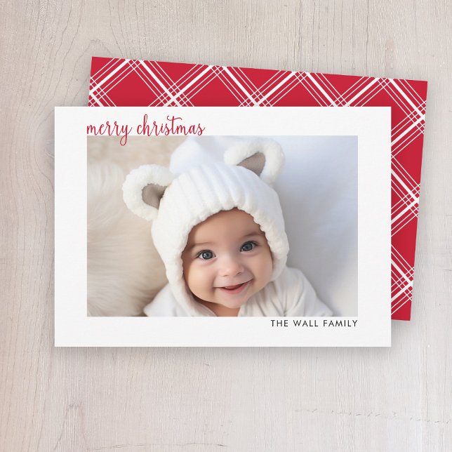 Foto på Vågrät Modern Script Red God jul Julkort (Modern, minimal Christmas card with white border)