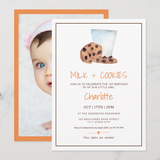 Foto på vattenfärgen Cute Mjölk Cookies Första föd Inbjudningar (Fram/baksida)