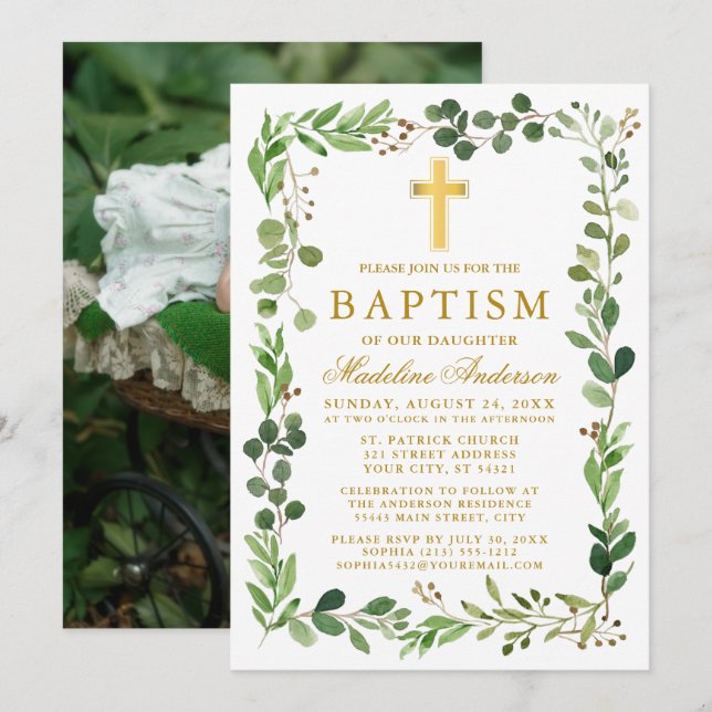 Foto på vattenfärgen Eucalyptus Ram Guld Baptism Inbjudningar (Fram/baksida)