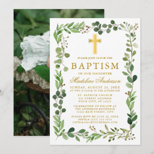 Foto på vattenfärgen Eucalyptus Ram Guld Baptism Inbjudningar