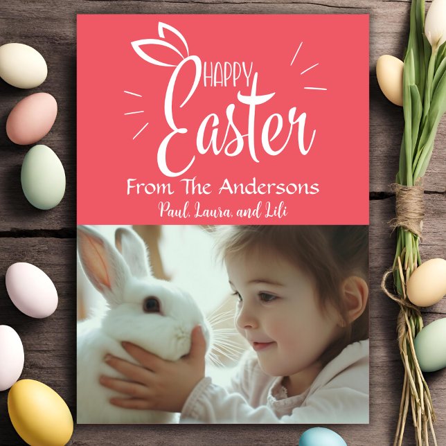 Foto på Vibrant Rosa Pastel Glad påsk Anpassningsb Julkort (Vibrant Pink Pastel Happy Easter Custom Photo Holiday Card)