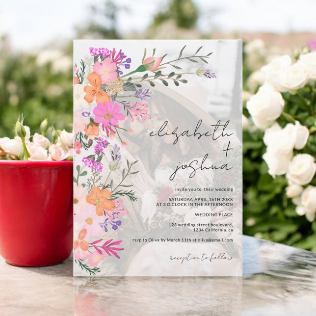 Foto på vilden bröllop i Romantisk pastel Inbjudningar (Romantic pastel wild flowers photo wedding invitation)