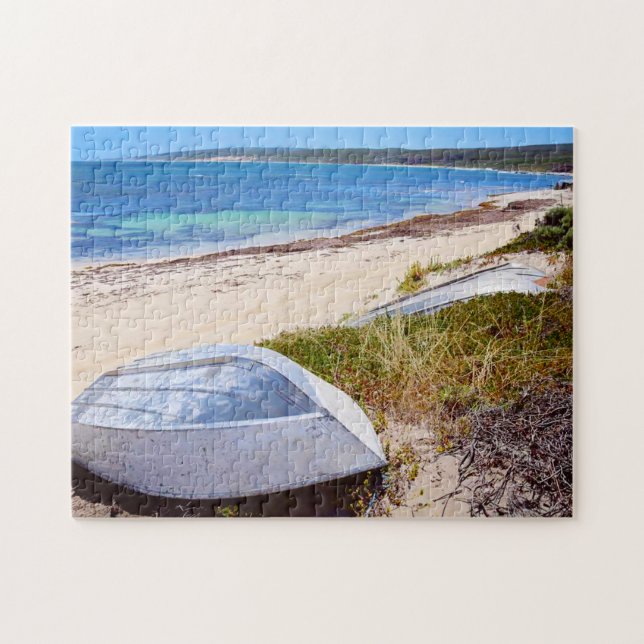 Foto på vit beach Blå himmel Ocean Pussel (Horisontell)