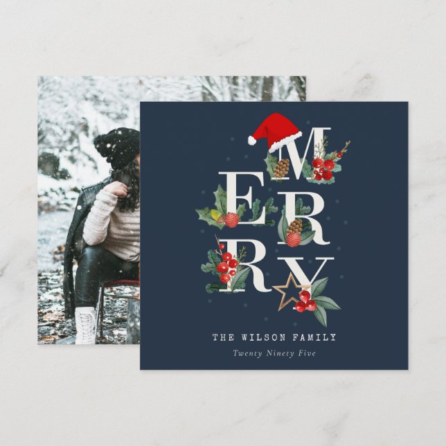 Foto på vit God jul-blomma med marin röd Grönt Julkort (Fram/baksida)