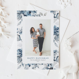 Foto på Watercolor Blåa blommor Lycklig Hanukkah H Helgkort