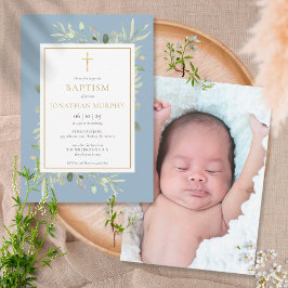 Foto på Watercolor Greenery Dusty Blue Boy Baptism Inbjudningar