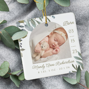Foto på Watercolor Löv Greenery Baby Birth Stats F Julgransprydnad Keramik