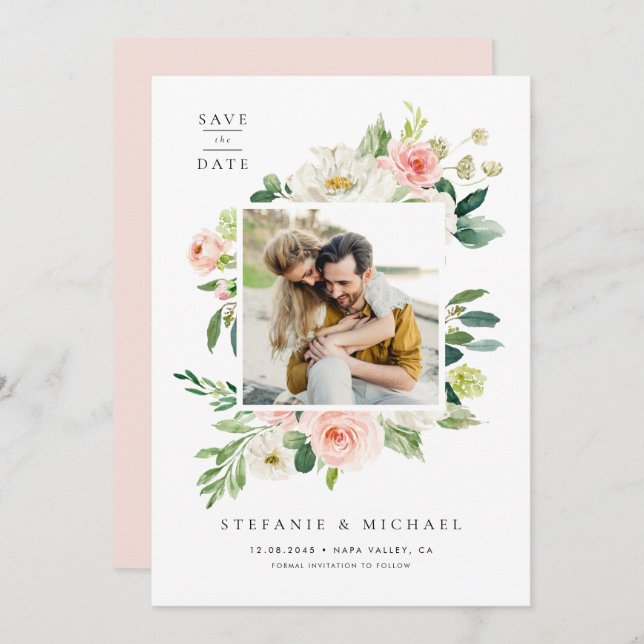 Foto på Watercolor Söt Garden Flowers Spara Datumet (Fram/baksida)