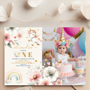 Foto på Watercolor Unicorn Watercolor Girl Birthda Inbjudningar
