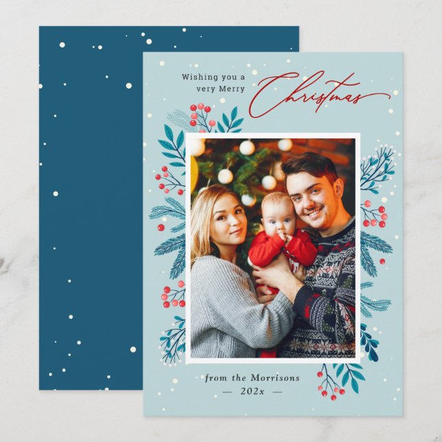 Foto på White Snö jul Blommigt Gräs Löv  Julkort (Fram/baksida)