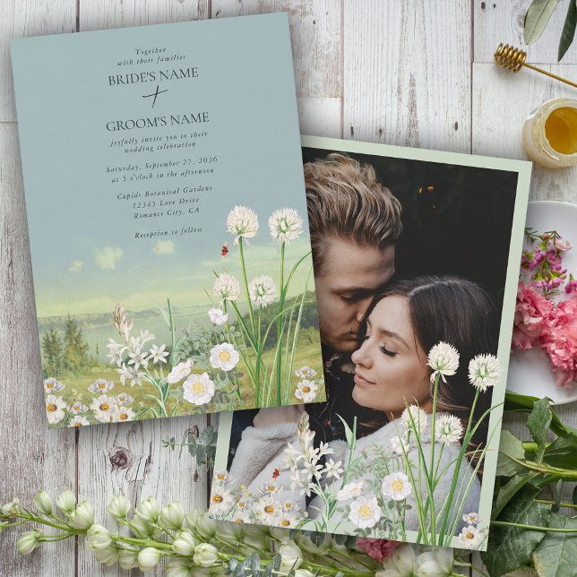 Foto på Wildblomberget liggande Bröllop Anpassning Inbjudningar (Wildflower Mountain Landscape Wedding Custom Photo Invitation)