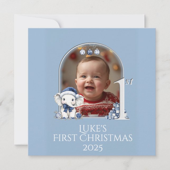 **Foto Pojke 1:a julklappen med ett platt Helgdag Julkort (Framsida)