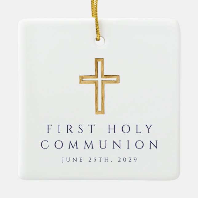 Foto Pojke Religiöst Kors Blå Första Kommunion Julgransprydnad Keramik (Framsida)