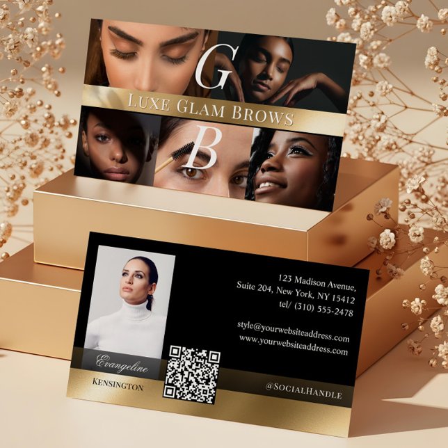 Foto Professionell Brow Artist Monogram Svart Guld Visitkort (Photo Professional Brow Artist Monogram Black Gold Business Card)