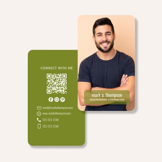 Foto QR-kod Anslut Med Mig Olivgrön Visitkort (Modern olive green QR code contact design with photo and clean natural branding)