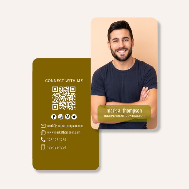 Foto QR-kod Anslut Med Mig Senap Modern Visitkort (Modern mustard QR code business card with photo and clean professional layout)