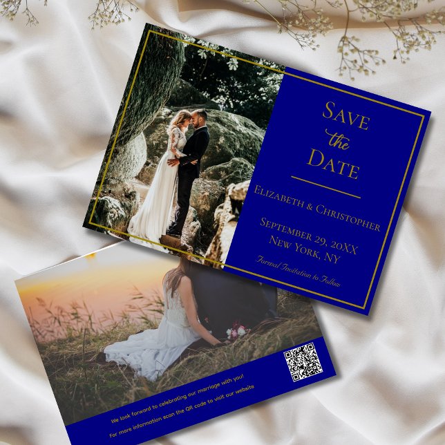 Foto QR-kod för marinblå Guld Elegant bröllop Spara Datumet (Photo QR Code Navy Blue and Gold Wedding Save the Date. Elegant Formal Traditional Classic)