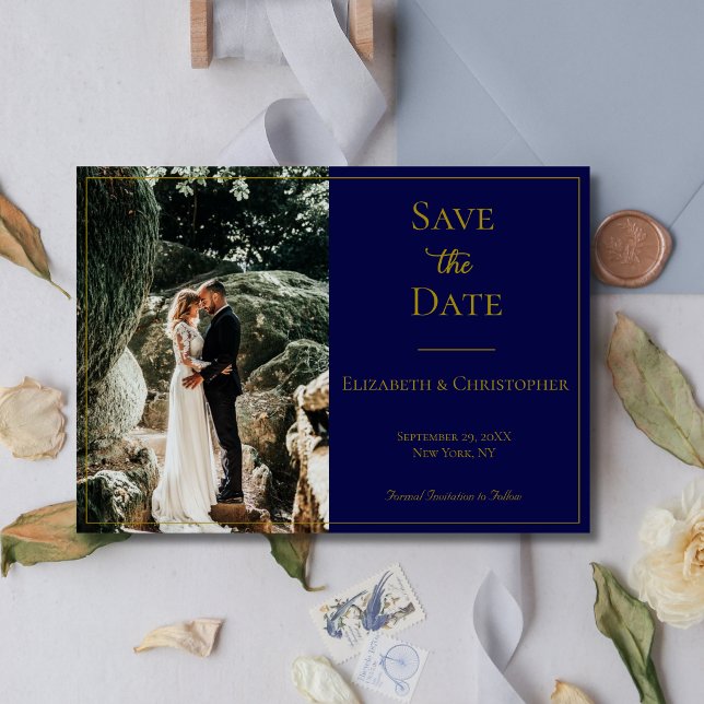 Foto QR-kod för marinblå Guld Elegant bröllop Spara Datumet (Photo QR code Navy Blue Gold Wedding Save the date Card)
