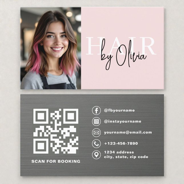 Foto QR-kod Frisör Rosa Metallisk  Visitkort (Skapare uppladdad)