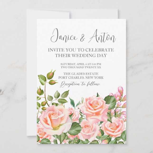 Foto QR-kod  Rosa Botaniskt Bröllop Inbjudningar (Framsida)