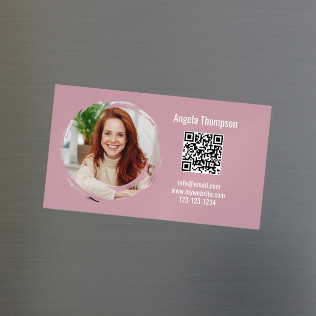 Foto QR-kod Rosa Modern Magnetisk  Magnetiska Visitkort (Pink business card magnet with scannable QR code.)