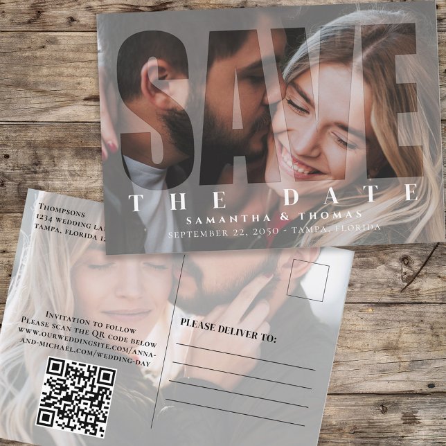 Foto QR-kod Spara datummodern typografi Vykort (Skapare uppladdad)