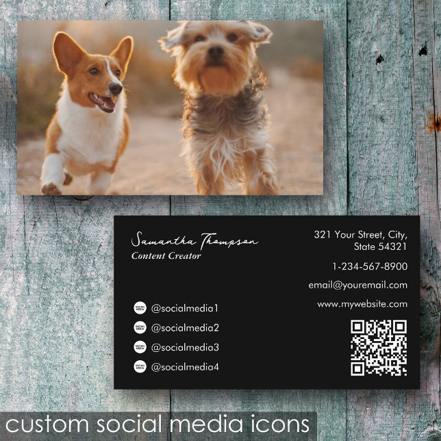 Foto QR-kod, svart, Fullt för djurfoder Visitkort (Animal Pet Influencer Full Photo QR Code Black Business Card)
