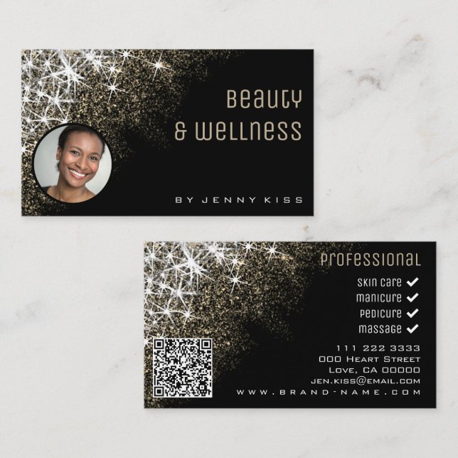 Foto QR-kodmall Luminous Guld Glitter Visitkort (Fram/baksida)