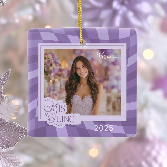Foto Quinceanera Keepsaké för Lavender Checkerboar Julgransprydnad Keramik (Skapare uppladdad)