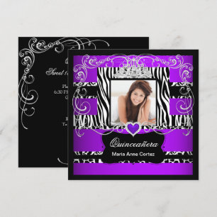 Foto Quinceanera Lila Vit Svart Zebra Ko Inbjudningar