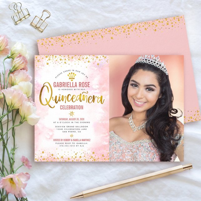 Foto Quinceañera Rosa Glitter Tiara Inbjudningar (Skapare uppladdad)