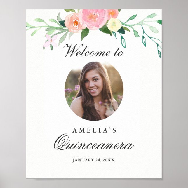 Foto Quinceanera välkomstskylt Botanisk Poster (Framsidan)