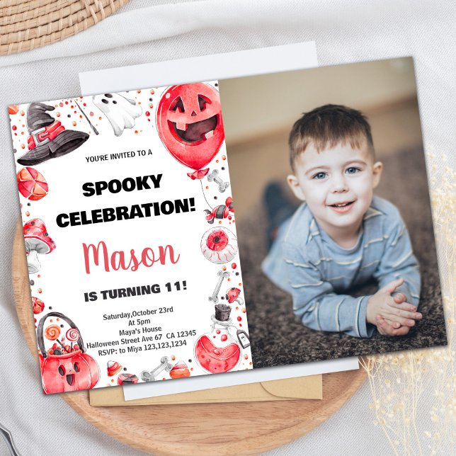 Foto Red Ballon Halloween Birthday-inbjudningar Inbjudningar (Photo Red Ballon Halloween Birthday Invitations)