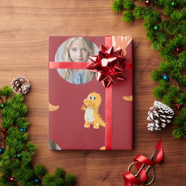 Foto-Redo Söta Dinosaurier på Mörkröd Bakgrund Presentpapper (Julgåva)