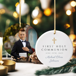 Foto Religiöst Kors Pojke Första Kommunionen Julgransprydnad Keramik
