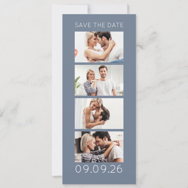 Foto remsa 4 bilder QR Fotobox Bröllop Blå Spara Datumet (Framsida)