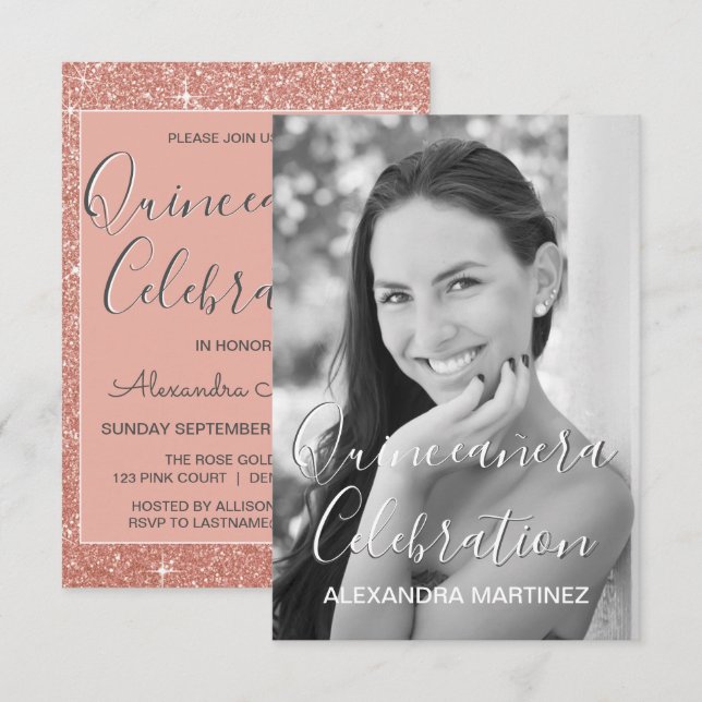 Foto ro Guld Glitter - Quinceanera Firande Inbjudningar (Fram/baksida)