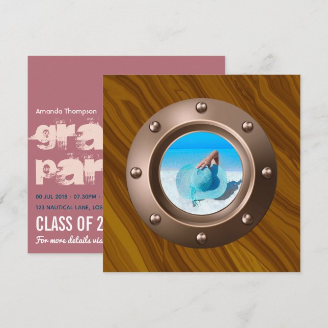 Foto ro Guld och  Rosa Nautisk Studenten Inbjudningar (Fram/baksida)