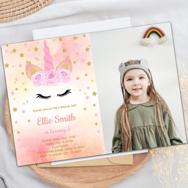 Foto Ro Rosa Unicorn Birthday-inbjudningar Inbjudningar (Photo Rose Pink Unicorn Birthday Invitations)