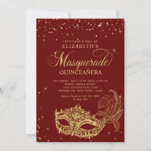Foto Röd Guld Glitter Maskerad Quinceañera Inbjudningar