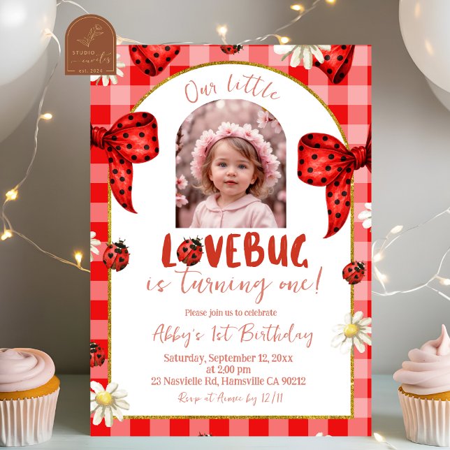 Foto Röd Karo Slöja Coquette Lovebug Födelsedag Inbjudningar (Skapare uppladdad)